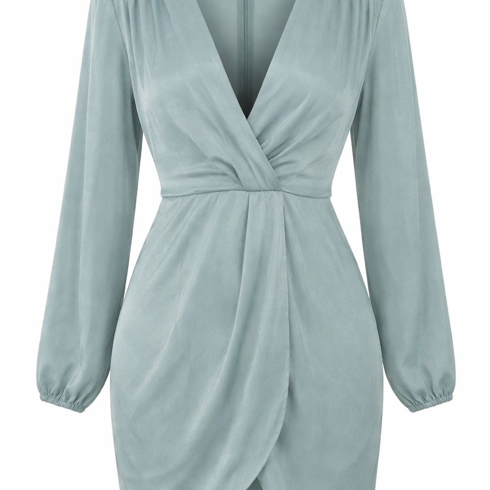 NWT Entro Boutique Brand Light Teal Satin Wrap Mini Dress Sz L Long Sleeve Lined